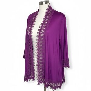 Passports Purple Lace Trim Open Front Cardigan Women’s Size L 3/4 Sleeve Boho